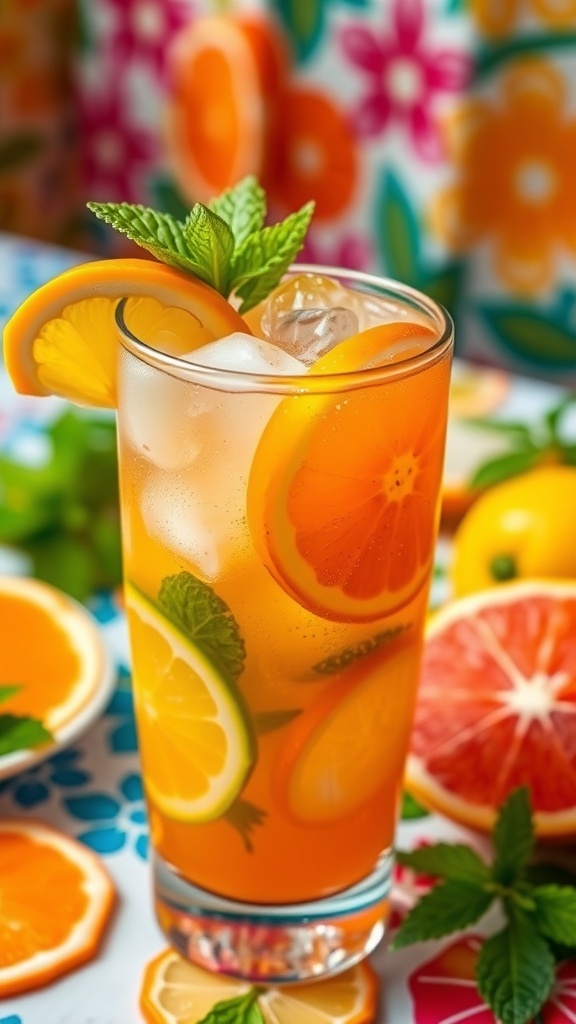A refreshing Citrus Cauldron Mocktail with citrus slices and mint, served in a glass with ice.